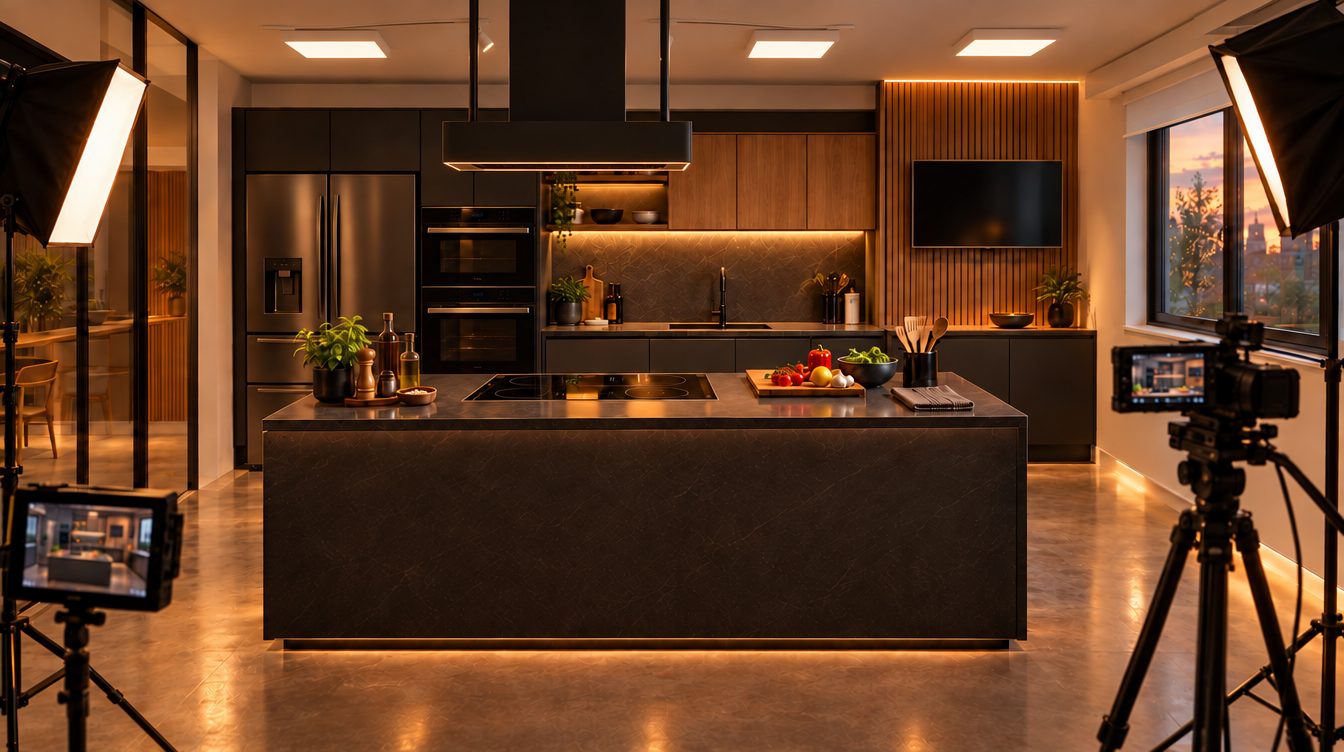 Cozinha gourmet montada para gravação, com ilha e cooktop, painel ripado com TV e câmeras