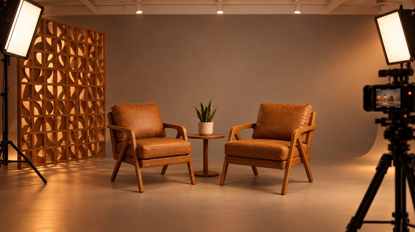 PoltronaCast: duas poltronas de couro caramelo diante do fundo infinito